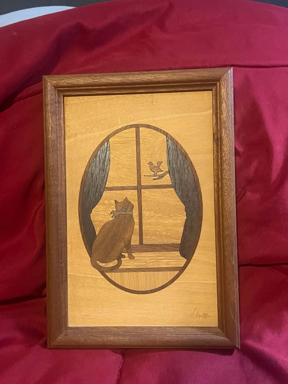 Hudson River Inlay Window Cat Marquetry Wood Art by Jeff Nelson